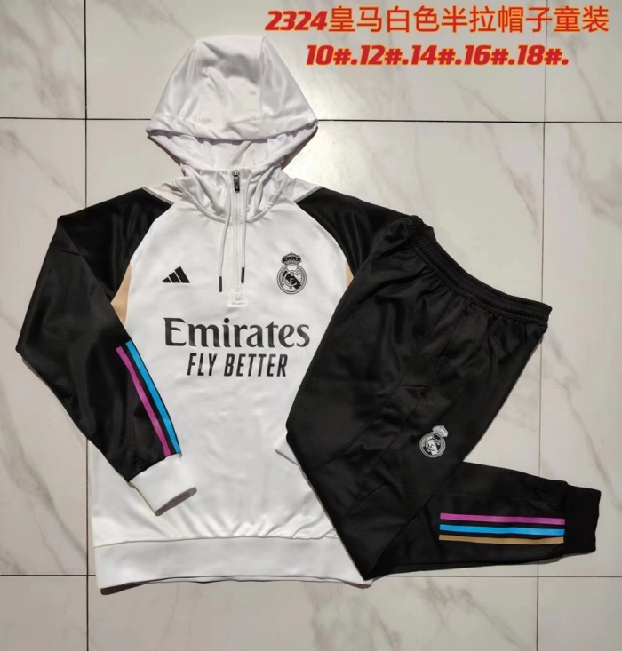 Kids Real Madrid 23/24 Hoodie Tracksuit - White/Black