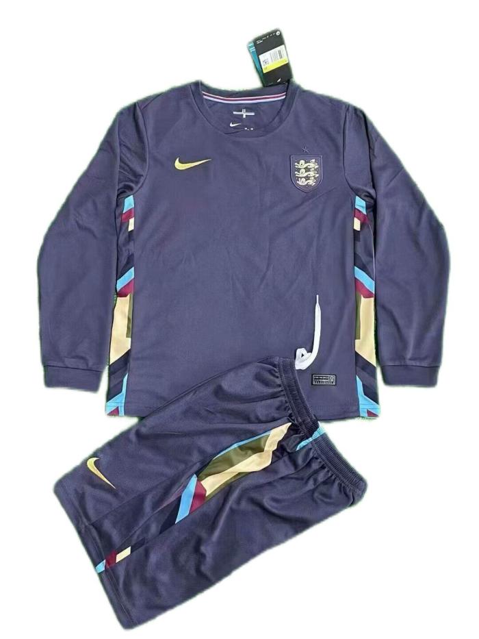 Kids-England 2024 Euro Away Navy Blue Long Soccer Jersey