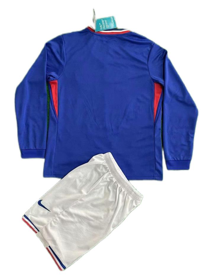 Kids-France 2024 Euro Home Long Soccer Jersey