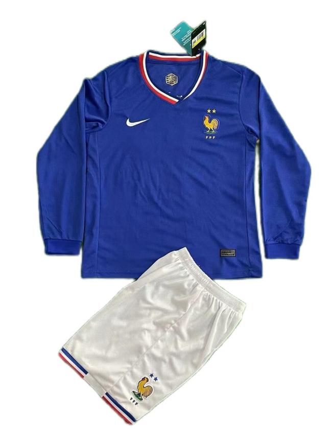 Kids-France 2024 Euro Home Long Soccer Jersey