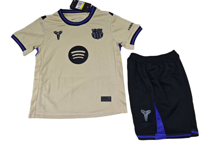 Kids-Barcelona 25/26 Away Light Beige Soccer Jersey