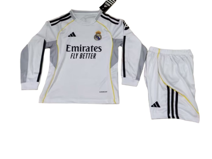 Kids-Real Madrid 25/26 Home Long Soccer Jersey