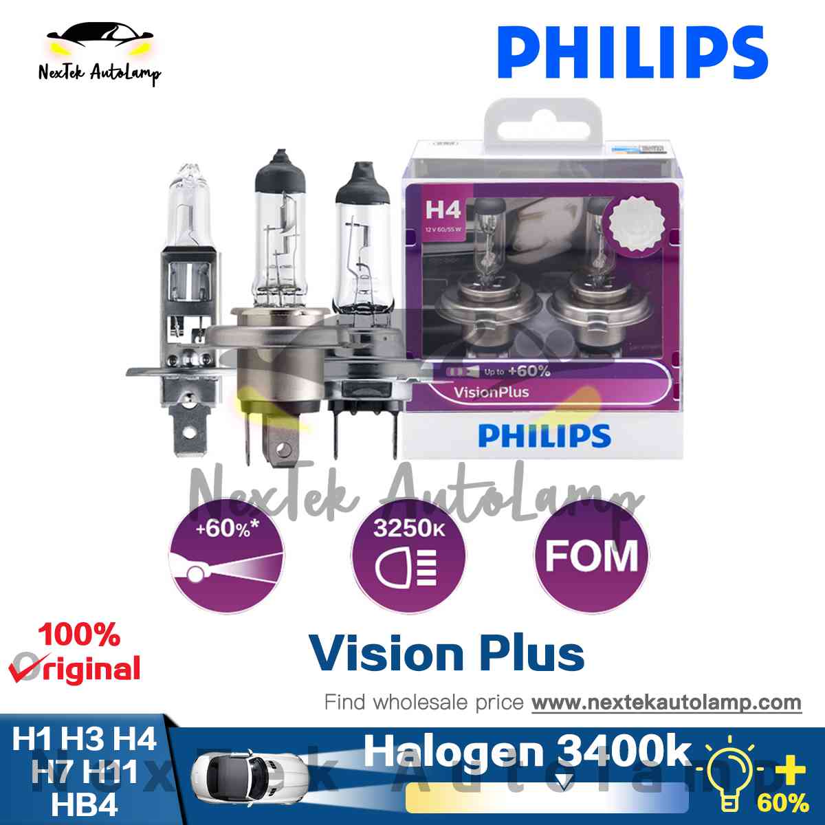 Philips WhiteVision Ultra H1/H4/H7 + W5W (12V) - up to 60% more