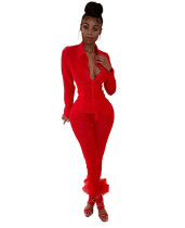 Red Long Sleeve Mesh Perspective Shirt Sexy Club Dress