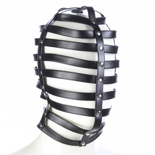 Striped leather restraint all-inclusive hood
