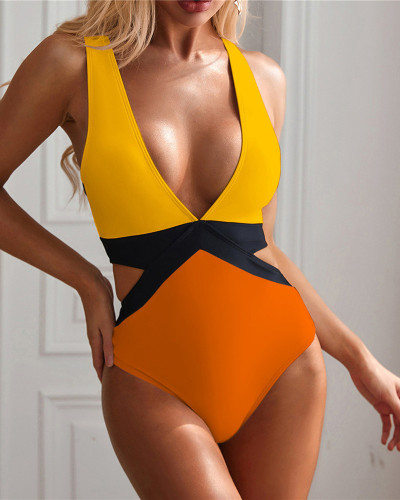 Orange sexy deep V stitching strap solid color one-piece bikini
