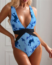 Blue Dyeing sexy deep V stitching strap solid color one-piece bikini