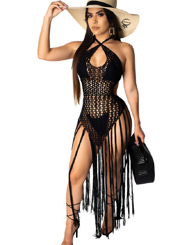 Black summer sale Amazon sexy long fringed weave perspective beach skirt