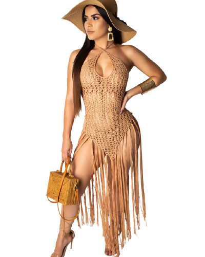 Khaki summer sale Amazon sexy long fringed weave perspective beach skirt