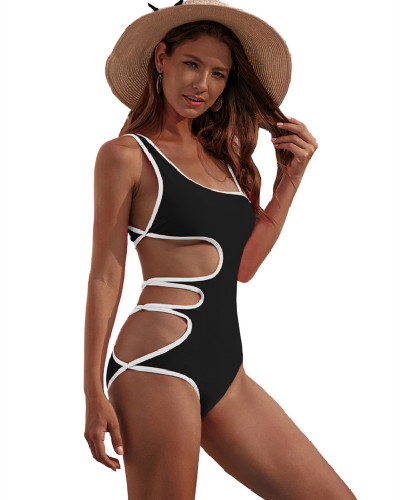 Black 2020 sexy bandage irregular flower one-piece swimsuit one-piece bikini