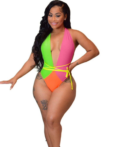Summer sexy fashion contrast color stitching multicolor one-piece swimsuit