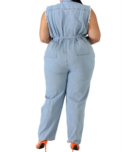 Long sleeve frosted washed denim jumpsuit