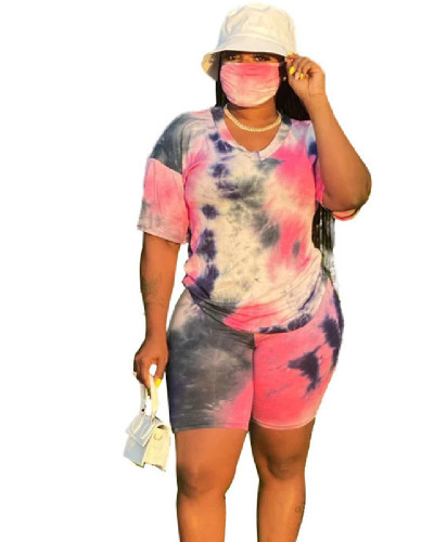 Red Plus Size XL-5XL Tie-dye V-neck fashion home sports shorts suit (including mask)