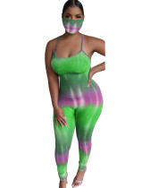 Green Strap tie dye gradient backless sexy jumpsuit (including mask)