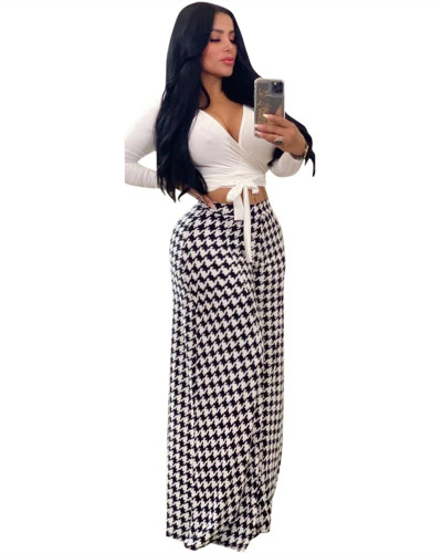 White Houndstooth print casual wide-leg pants