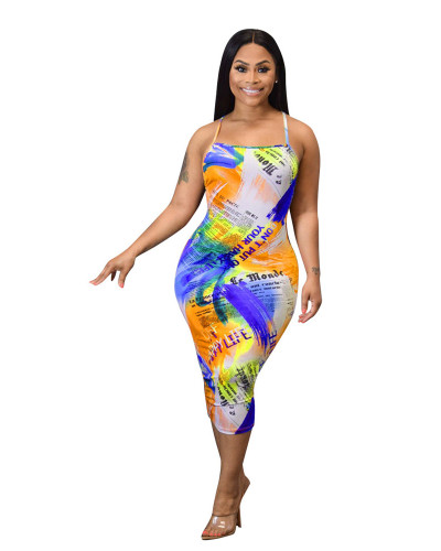 Bule Sexy round neck open back digital printing 4-color dress