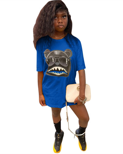 Blue Personalized cartoon print T-shirt skirt