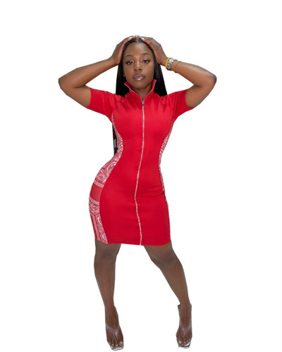 Red Printed zipper tight-fitting hip dress