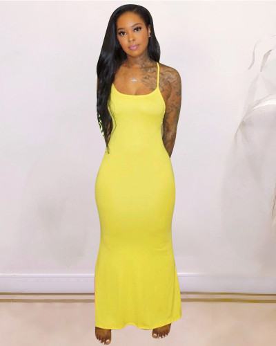 Yellow Sling short sleeve solid color long skirt home dress