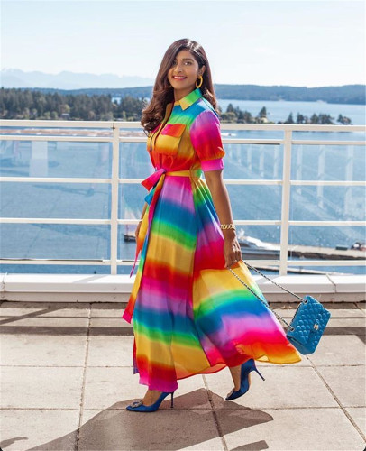 Rainbow color dress casual long skirt