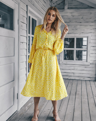 Yellow Long sleeve simple printed dress