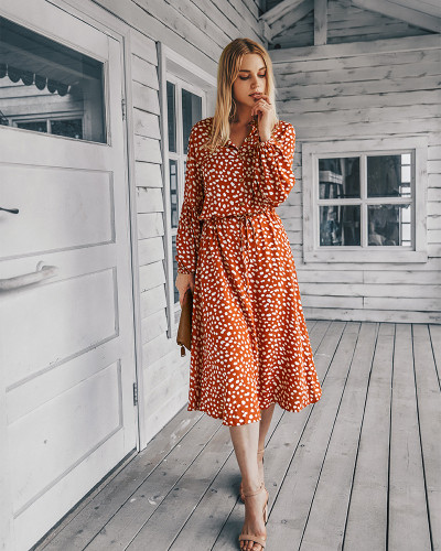 Orange Long sleeve simple printed dress