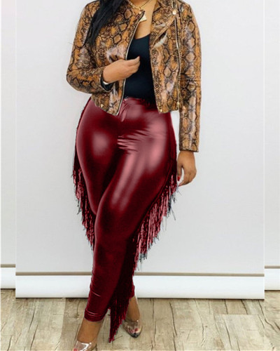 Red Sexy tassel bag hip cropped plus size leather pants