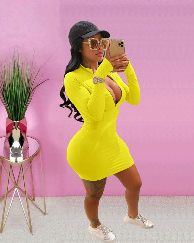 Yellow Fashion casual solid color bag hip dress