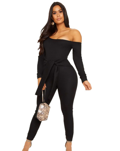 Solid color one-neck long-sleeved jumpsuit