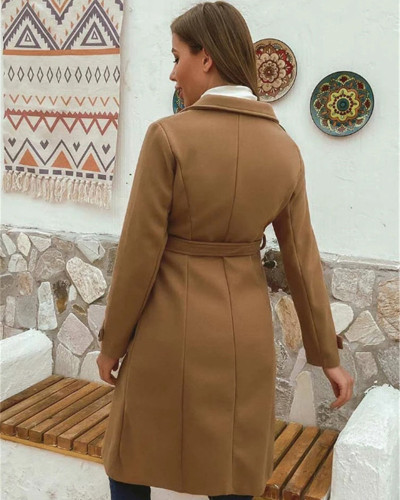 Brown Stylish Turndown Collar Buttons Design  Trench Coat