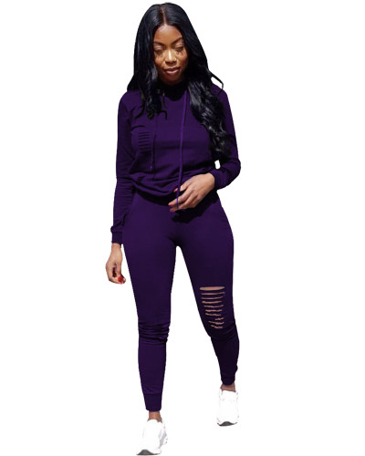Purple Sports solid color burnt flower two-piece sweater
