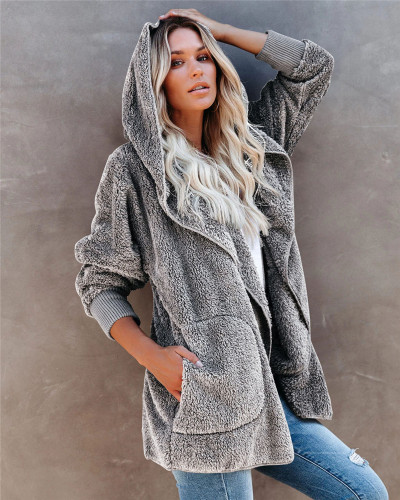 Light Gray Silver Fox Fleece Hooded Cardigan Jacket