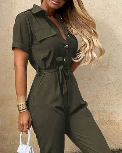 Army green Casual lapel printed belt work overalls