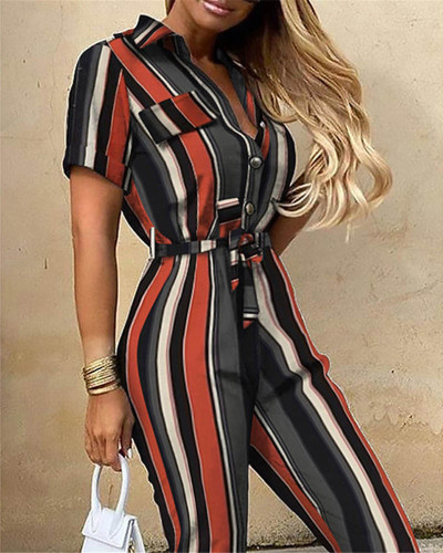 Colorful Casual lapel printed belt work overalls