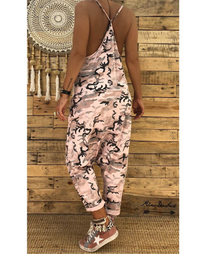 Pink Women's new sling camouflage jumpsuit