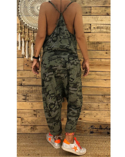 Army green Women's new sling camouflage jumpsuit