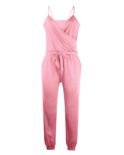 Pink Solid color suspender belt jumpsuit