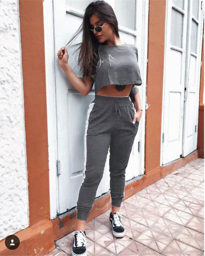 Gray Round Neck Short Sleeve Crop Navel Casual Suit