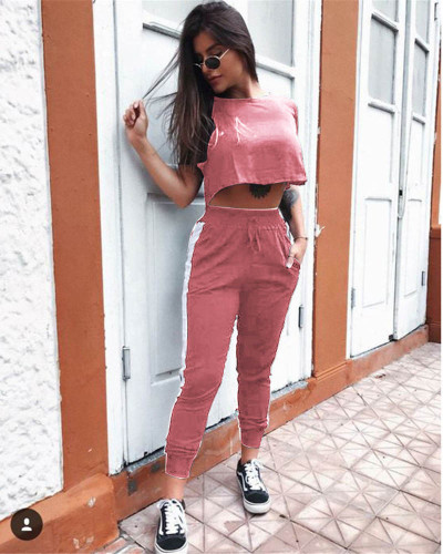 Pink Round Neck Short Sleeve Crop Navel Casual Suit