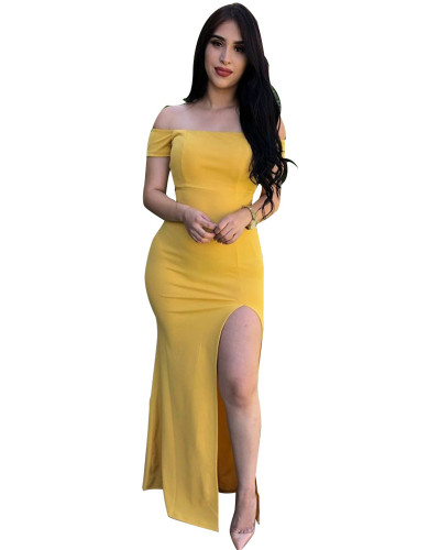 Yellow Sexy fashion one-shoulder slit solid color dress