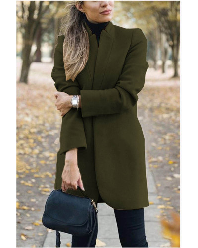 Army green Autumn and winter new fashion solid color stand collar woolen coat