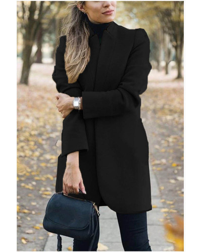 Black Autumn and winter new fashion solid color stand collar woolen coat