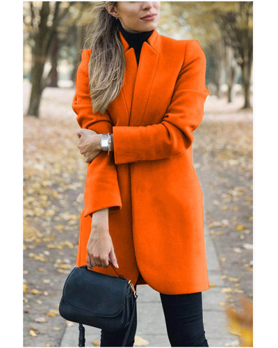 Orange Autumn and winter new fashion solid color stand collar woolen coat