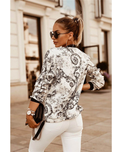 Black Autumn and winter slim long-sleeved printed short jacket small coat women's clothing