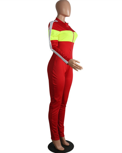 Red Fashion sports style deep V multicolor jumpsuit