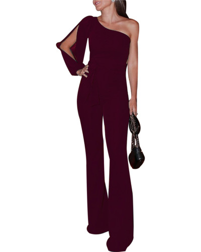 Red Classic solid color sloping shoulder jumpsuit