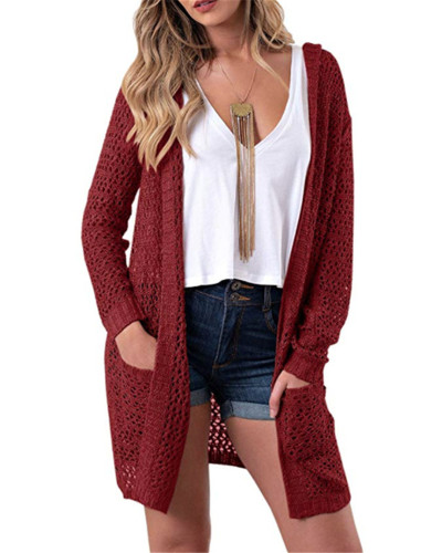 Red Knitted cardigan solid color long sweater cardigan