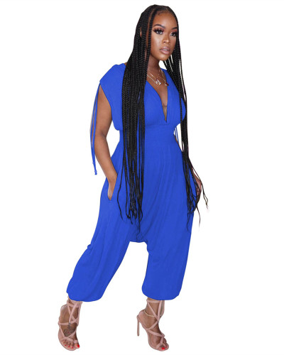 Blue Solid color waist deep V loose jumpsuit