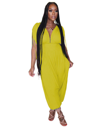 Yellow Solid color waist deep V loose jumpsuit