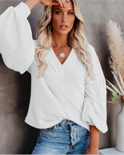 White Fashion Women's Loose V-neck Knit Sweater Lantern Sleeve Top